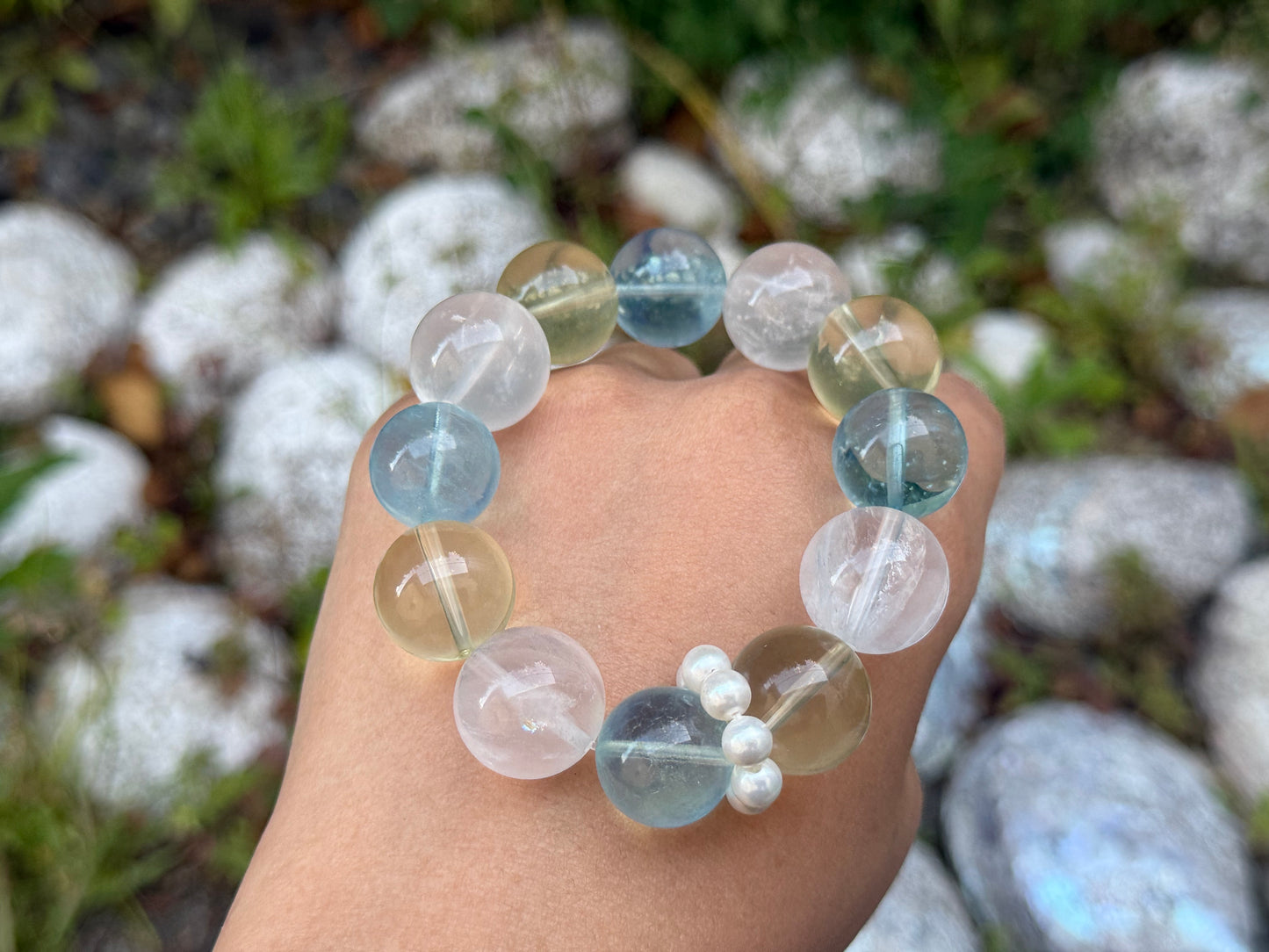 “Celestial Tide” Aquamarine, Lemon Quartz, Milky Quartz & Pearl Bracelet