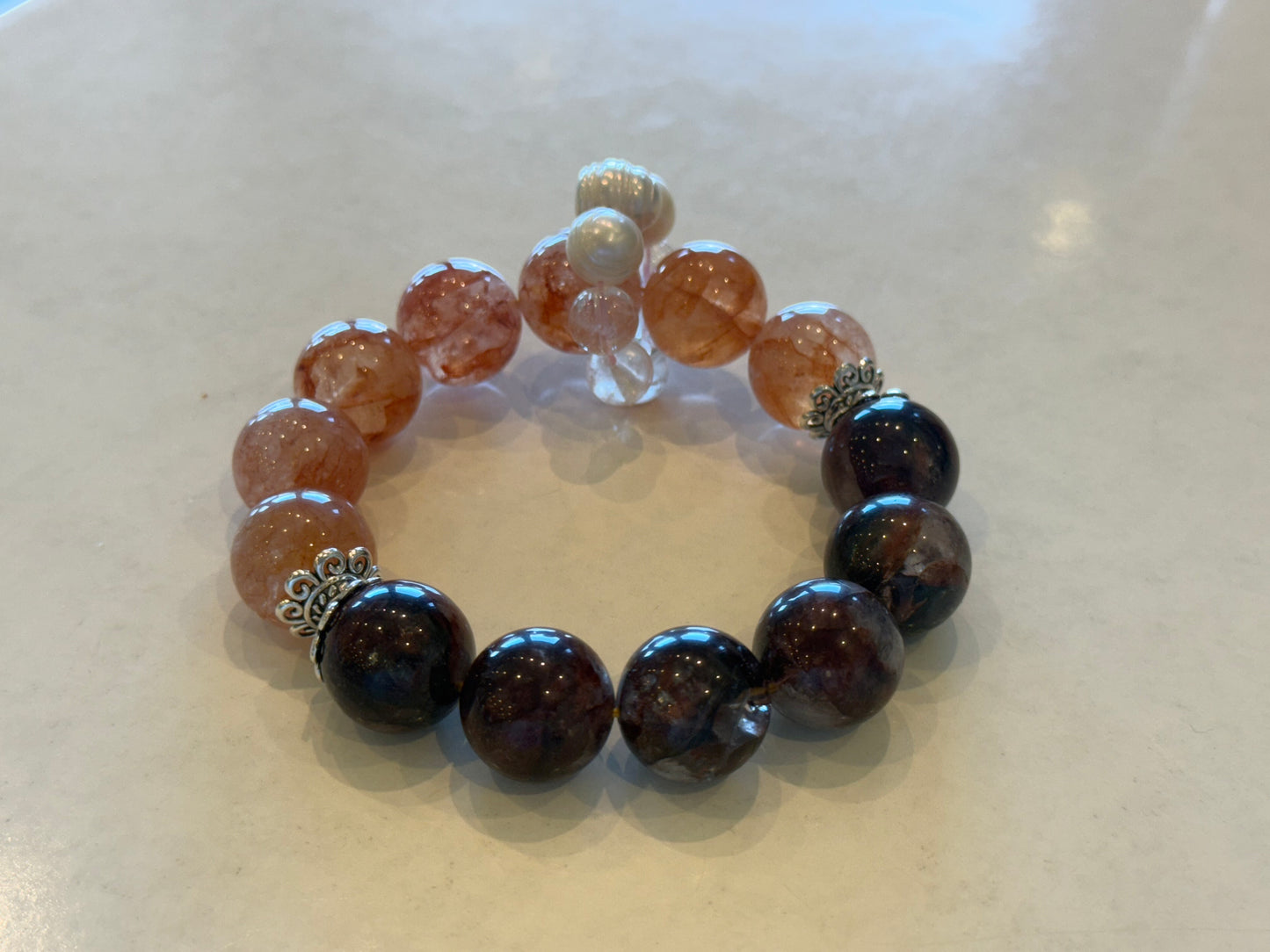 "Crimson Bloom" Red Epidote & Pearl Bracelet