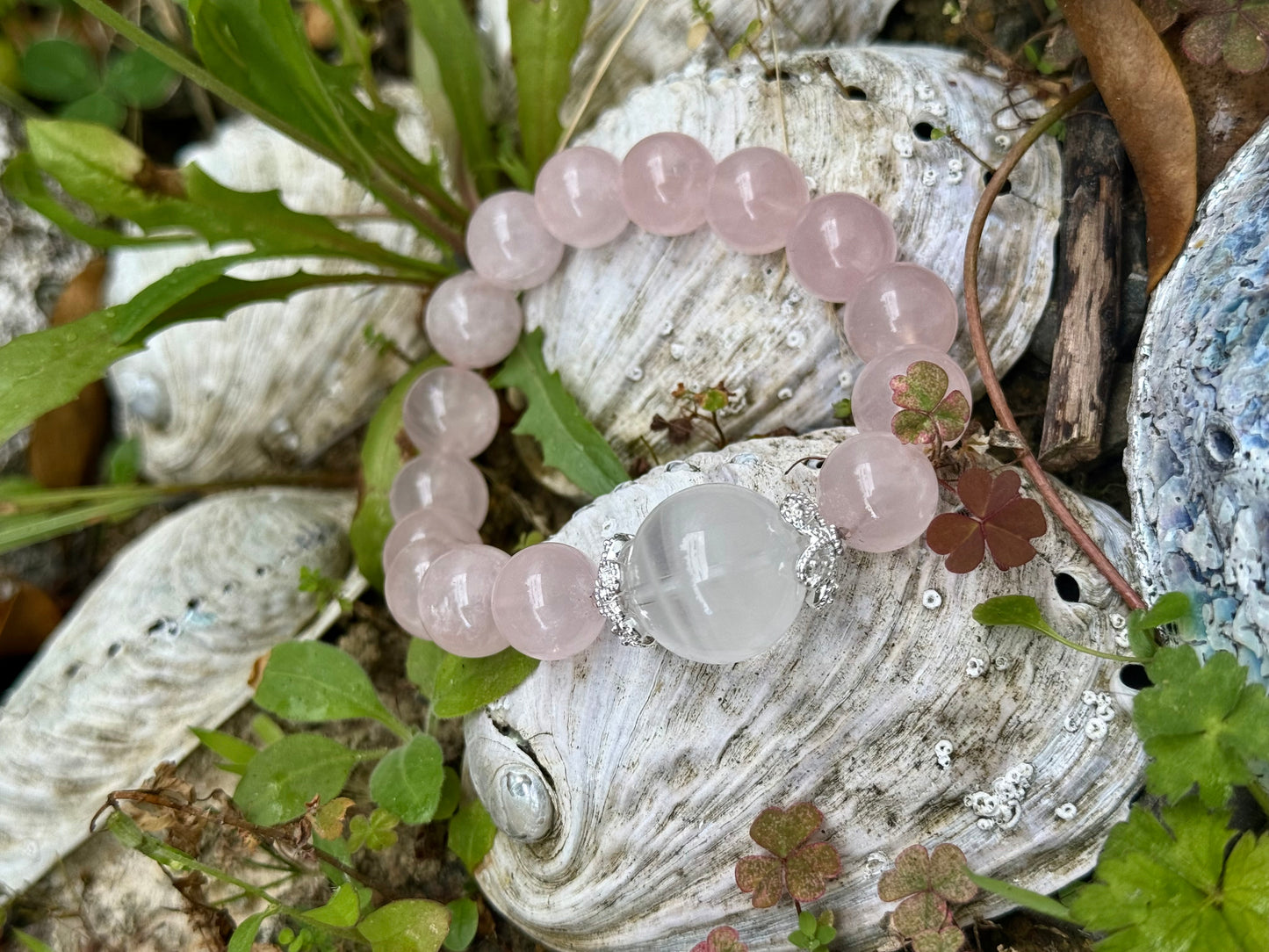 "Lunar Embrace" Rose Quartz & White Phantom Bracelet