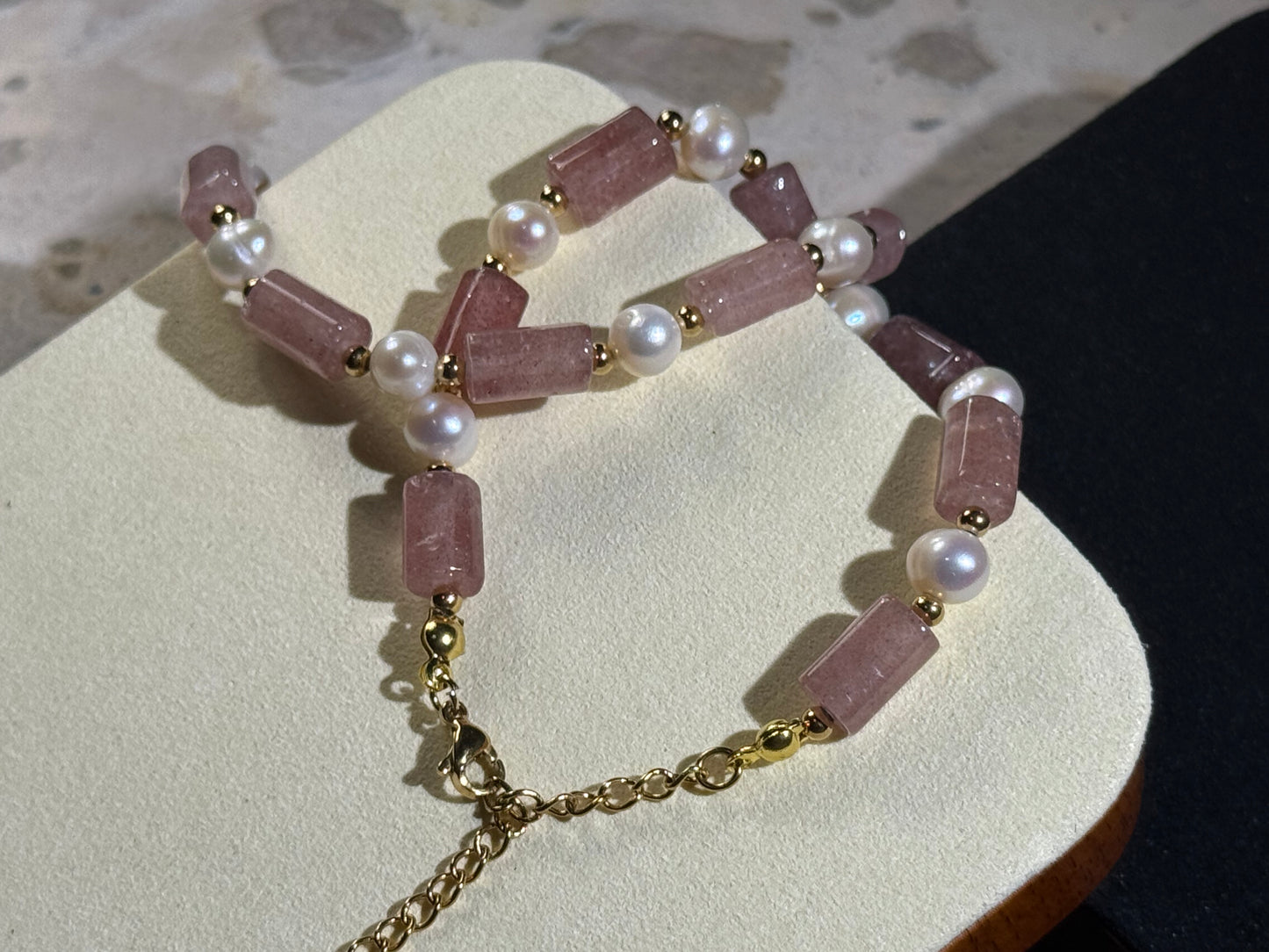 Strawberry Quartz Tube & Pearl Crystal Bracelet