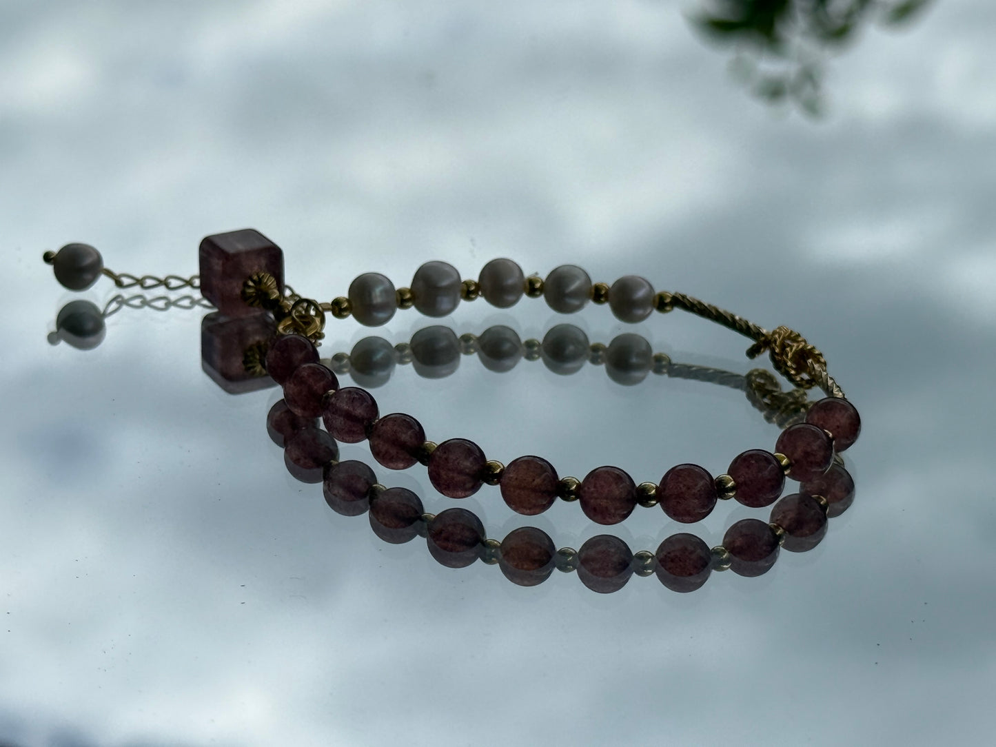 Strawberry Quartz & Pearl Crystal Bracelet
