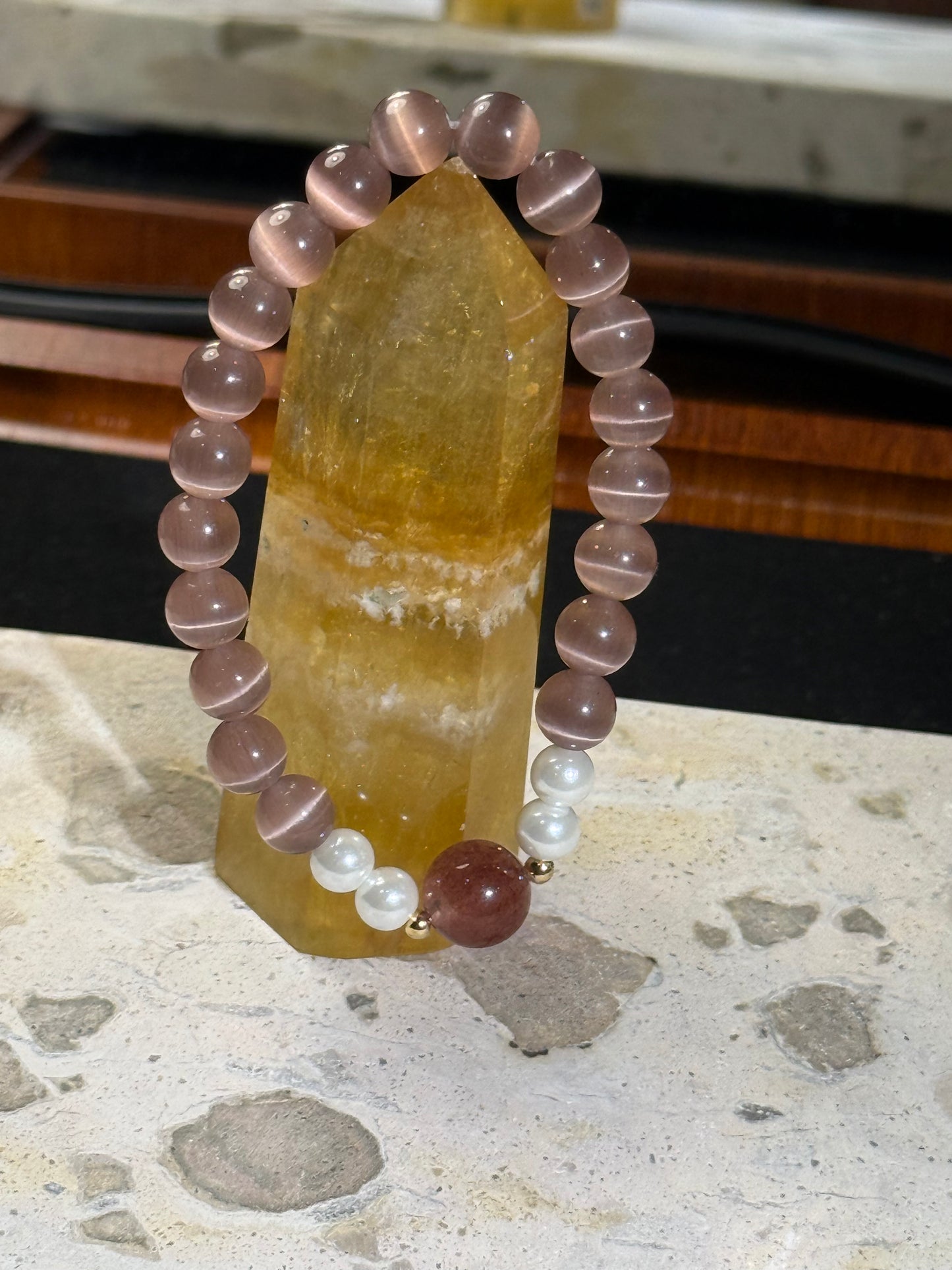 Purple-Red Cat's Eye & Strawberry Quartz Fortune Bracelet