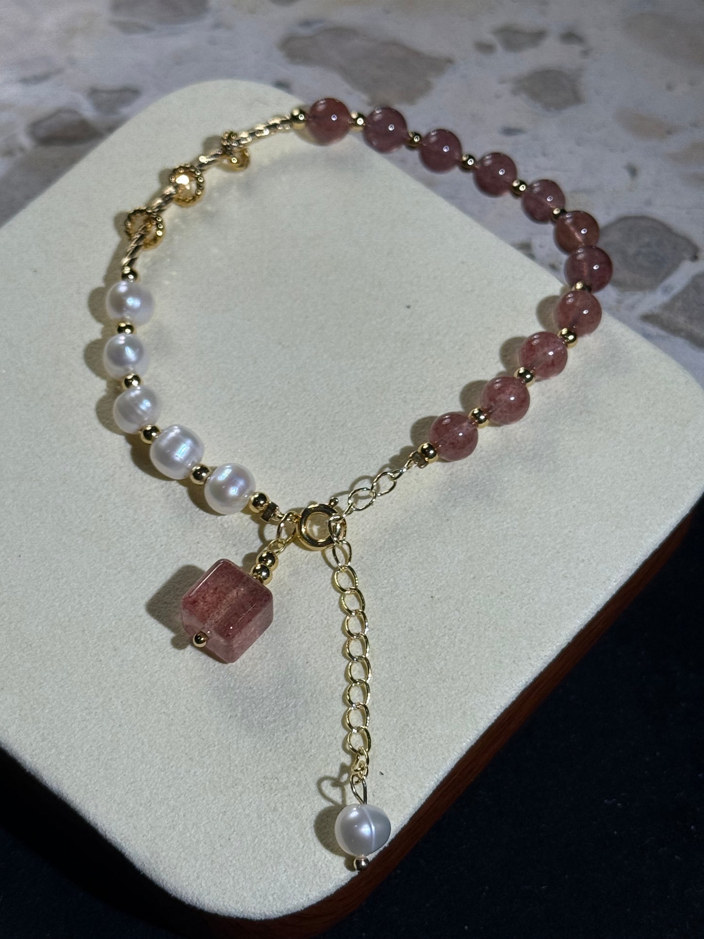 Strawberry Quartz & Pearl Crystal Bracelet