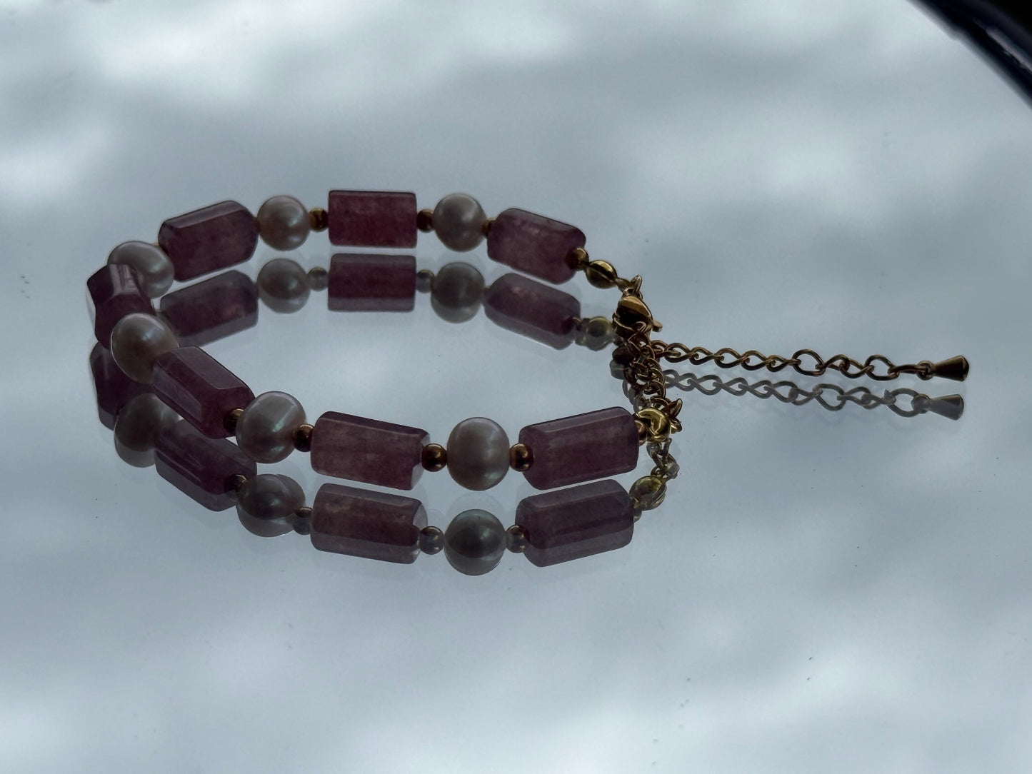 Strawberry Quartz Tube & Pearl Crystal Bracelet