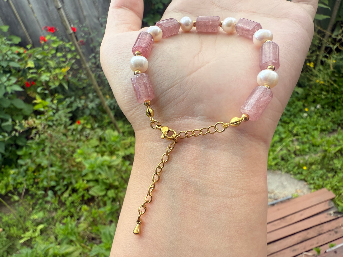 Strawberry Quartz Tube & Pearl Crystal Bracelet