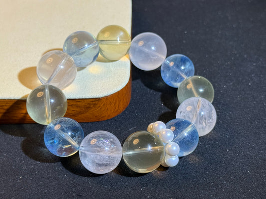 “Celestial Tide” Aquamarine, Lemon Quartz, Milky Quartz & Pearl Bracelet