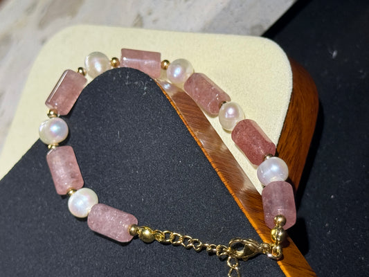 Strawberry Quartz Tube & Pearl Crystal Bracelet