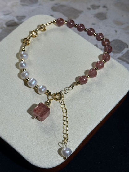 Strawberry Quartz & Pearl Crystal Bracelet