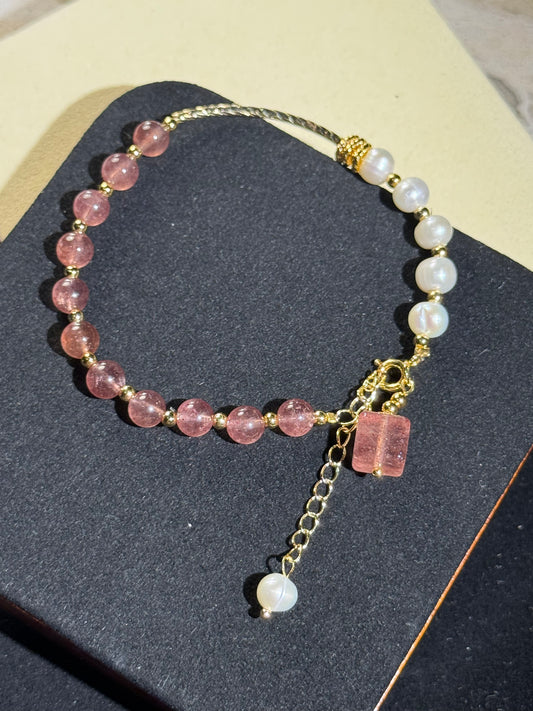 Strawberry Quartz & Pearl Crystal Bracelet
