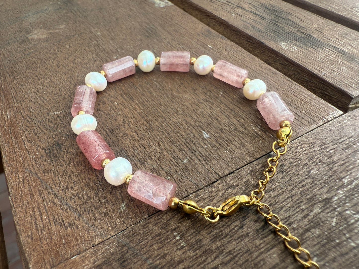 Strawberry Quartz Tube & Pearl Crystal Bracelet