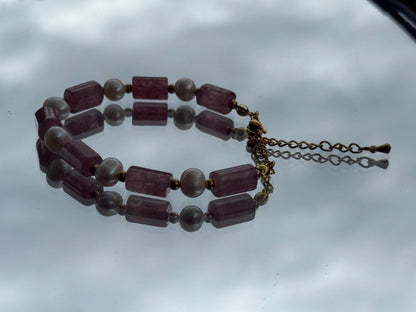Strawberry Quartz Tube & Pearl Crystal Bracelet