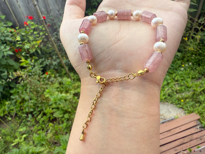 Strawberry Quartz Tube & Pearl Crystal Bracelet